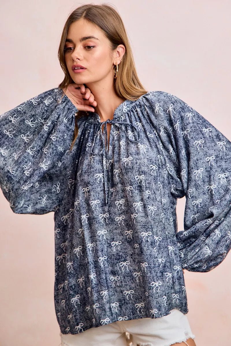 BiBi Ribbon Bow Print Exaggerated Balloon Sleeves Top - 