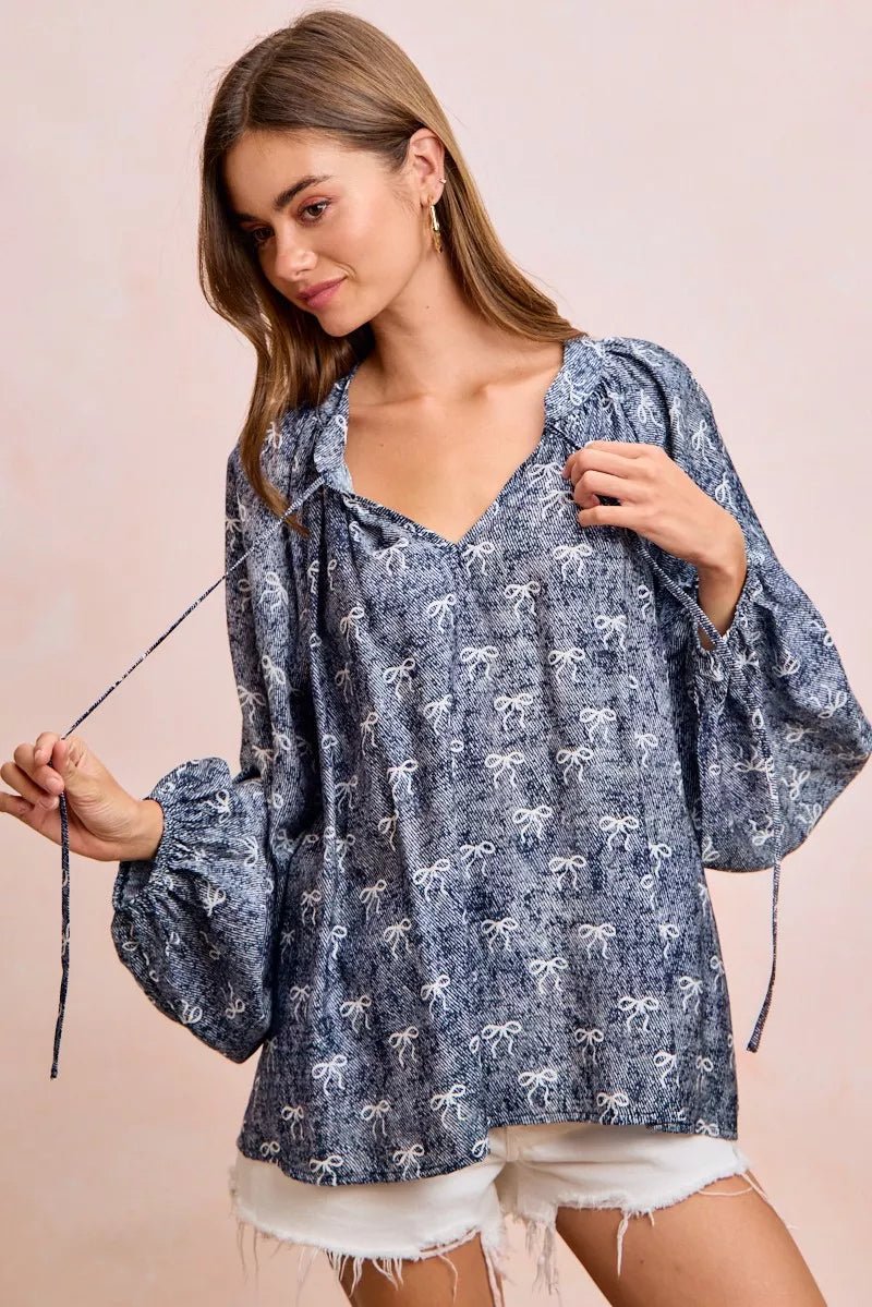 BiBi Ribbon Bow Print Exaggerated Balloon Sleeves Top - 