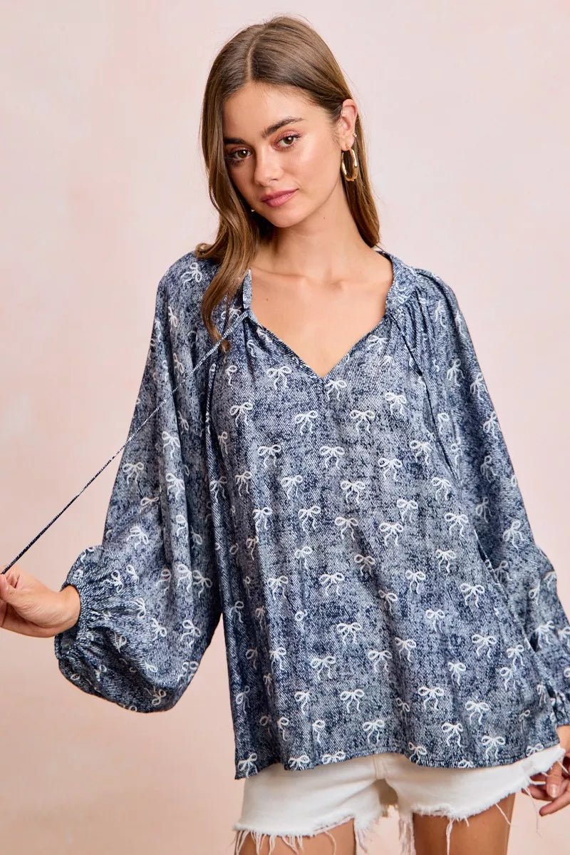 BiBi Ribbon Bow Print Exaggerated Balloon Sleeves Top - 