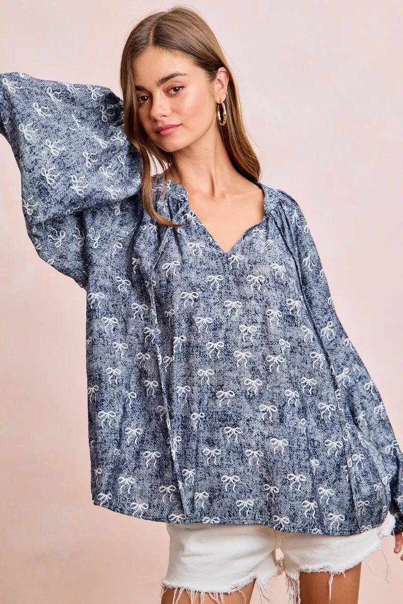 BiBi Ribbon Bow Print Exaggerated Balloon Sleeves Top - 