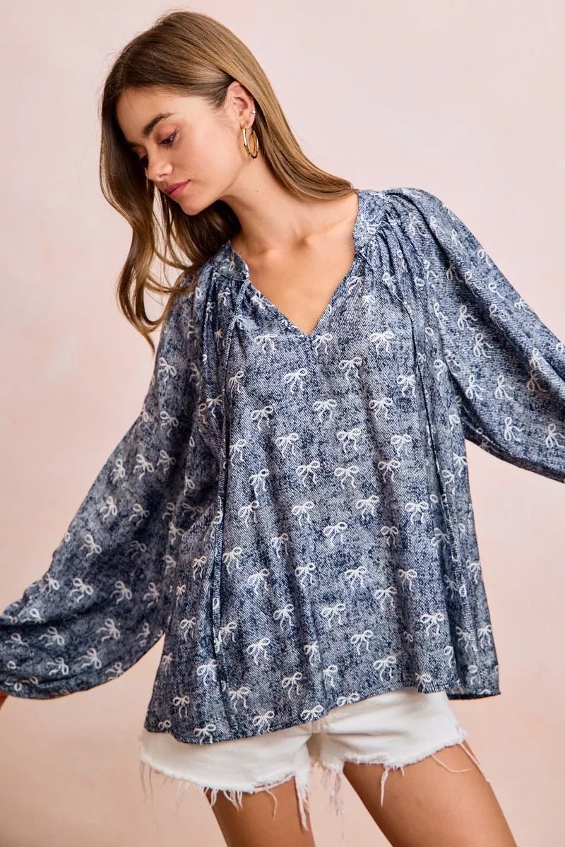 BiBi Ribbon Bow Print Exaggerated Balloon Sleeves Top - 