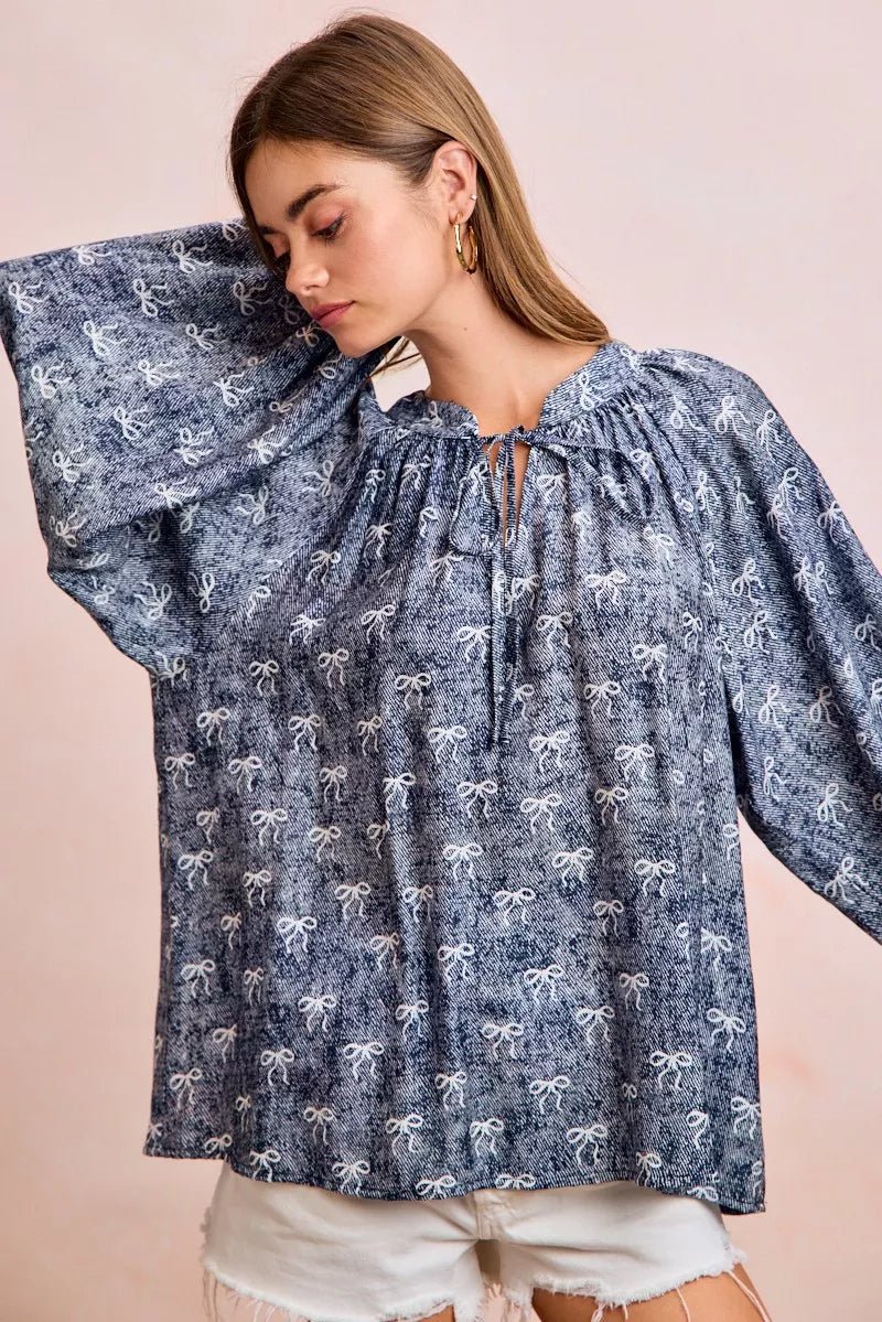 BiBi Ribbon Bow Print Exaggerated Balloon Sleeves Top - 