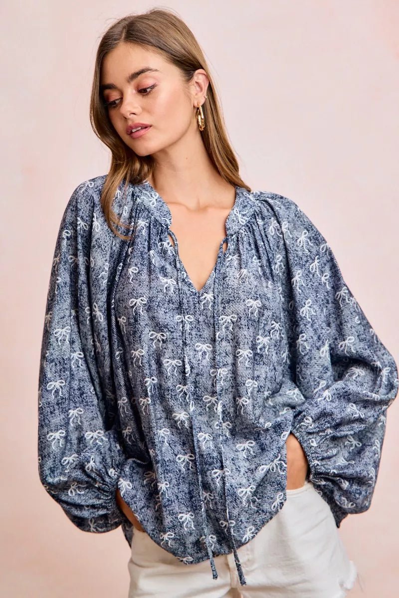 BiBi Ribbon Bow Print Exaggerated Balloon Sleeves Top - 