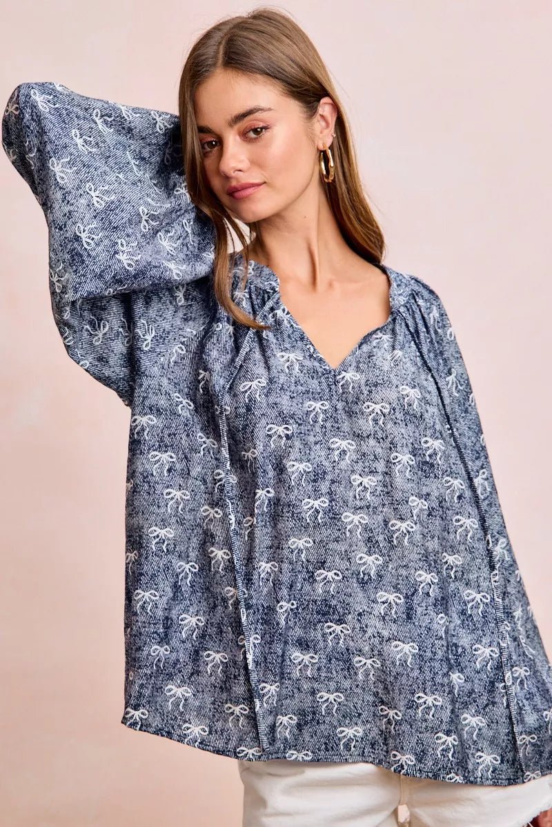 BiBi Ribbon Bow Print Exaggerated Balloon Sleeves Top - 