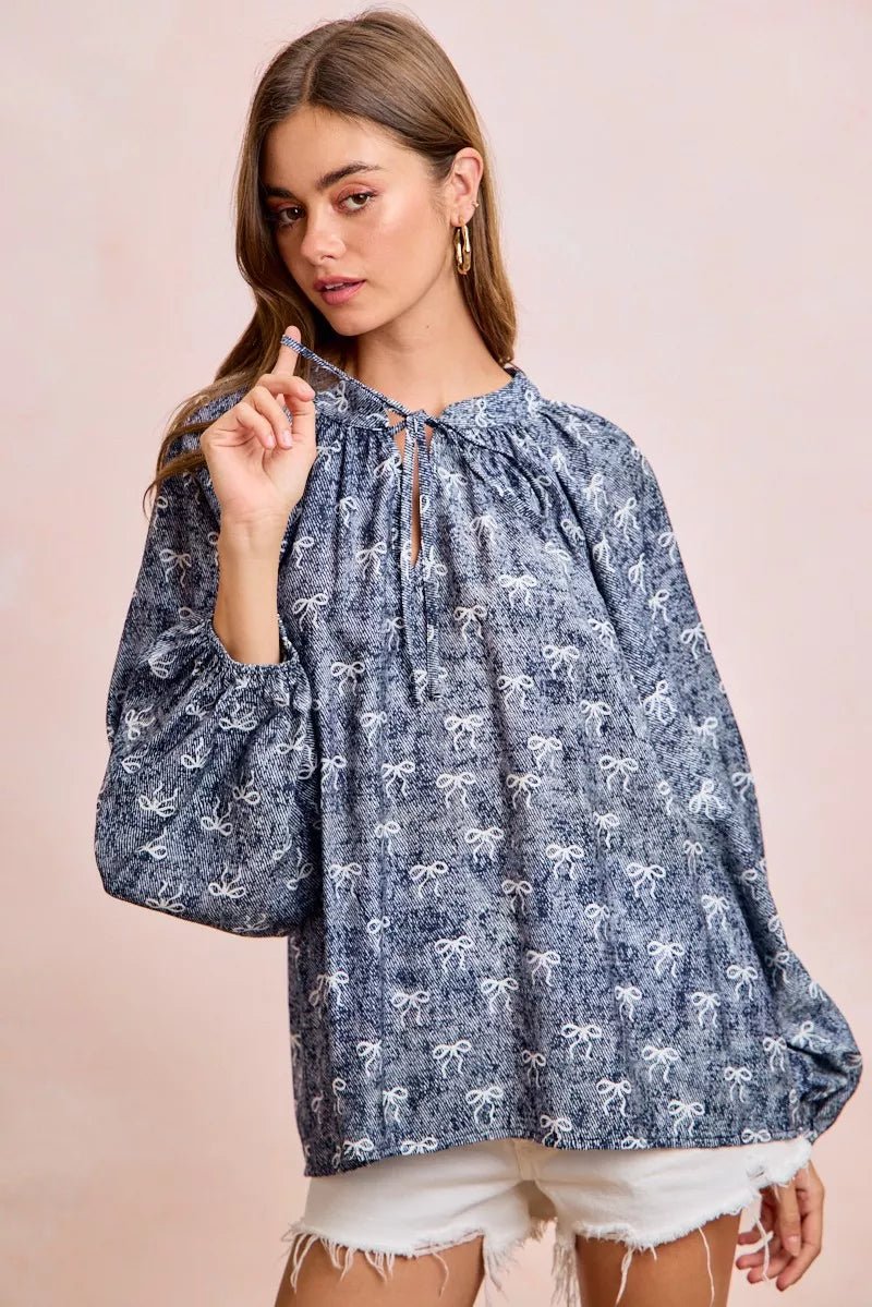 BiBi Ribbon Bow Print Exaggerated Balloon Sleeves Top - 