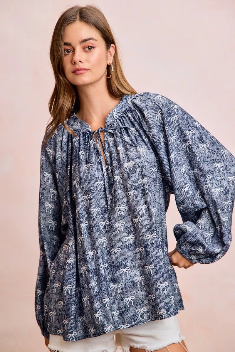 BiBi Ribbon Bow Print Exaggerated Balloon Sleeves Top - 