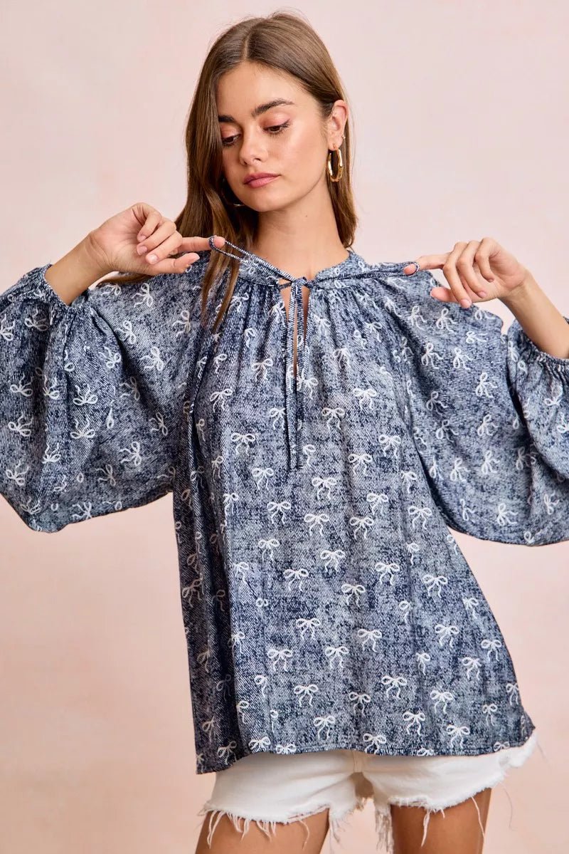 BiBi Ribbon Bow Print Exaggerated Balloon Sleeves Top - 