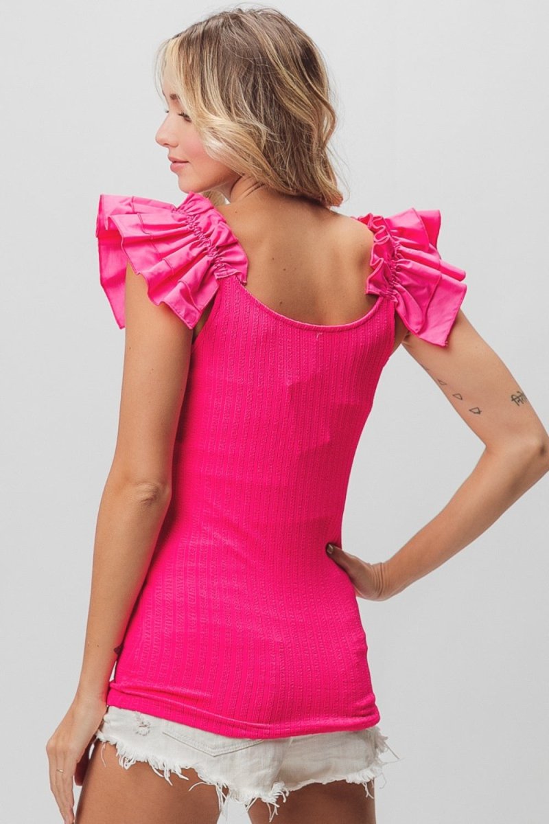 BiBi Ruffled Shoulder Strap Rib Texture Top - Top