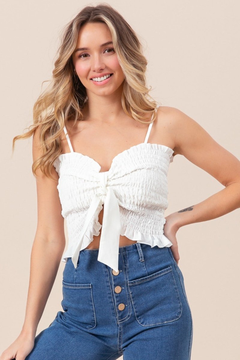 BiBi Ruffled Smocked Ribbon Detail Cami - Top