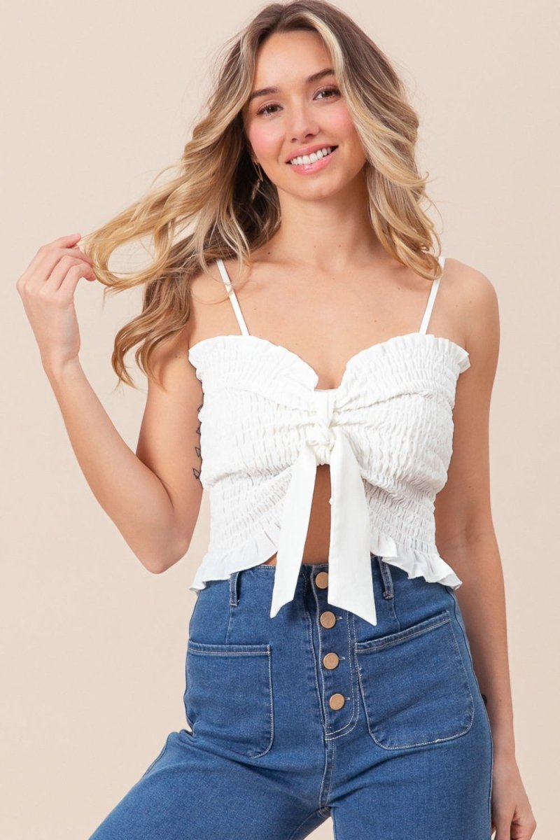 BiBi Ruffled Smocked Ribbon Detail Cami - Top