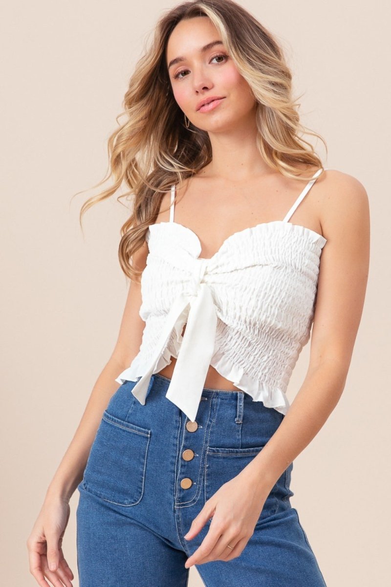 BiBi Ruffled Smocked Ribbon Detail Cami - Top