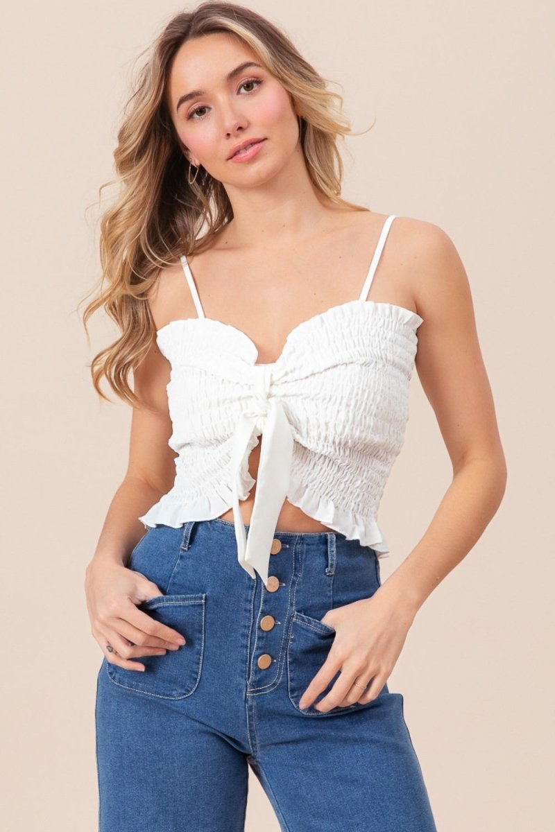 BiBi Ruffled Smocked Ribbon Detail Cami - Top