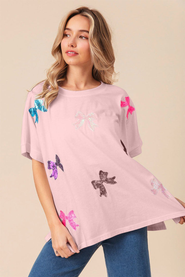 BiBi Sequin Bow Patch Short Sleeve T-Shirt - Top