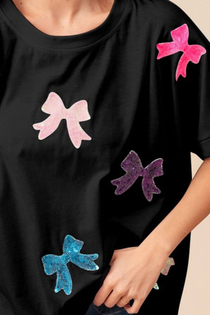 BiBi Sequin Bow Patch Short Sleeve T-Shirt - Top