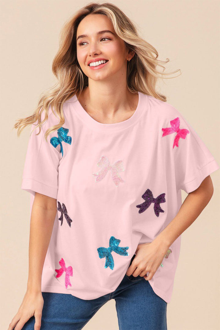 BiBi Sequin Bow Patch Short Sleeve T-Shirt - Top