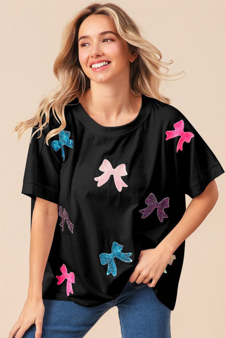 BiBi Sequin Bow Patch Short Sleeve T-Shirt - Top
