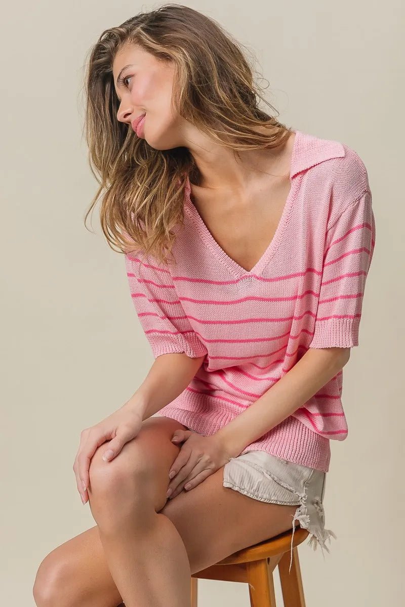 BiBi Stripe Short Sleeves Collared V Neck Top - 