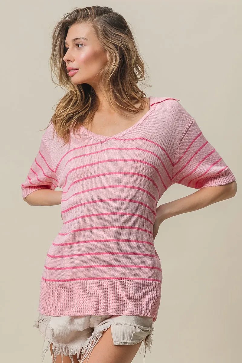 BiBi Stripe Short Sleeves Collared V Neck Top - 