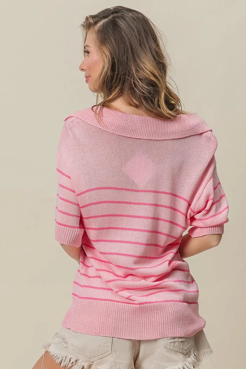 BiBi Stripe Short Sleeves Collared V Neck Top - 