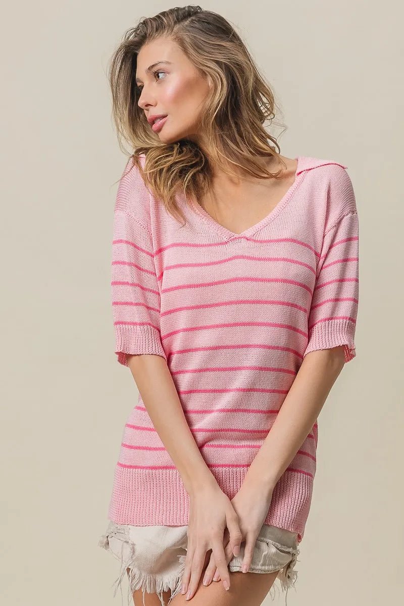 BiBi Stripe Short Sleeves Collared V Neck Top - 