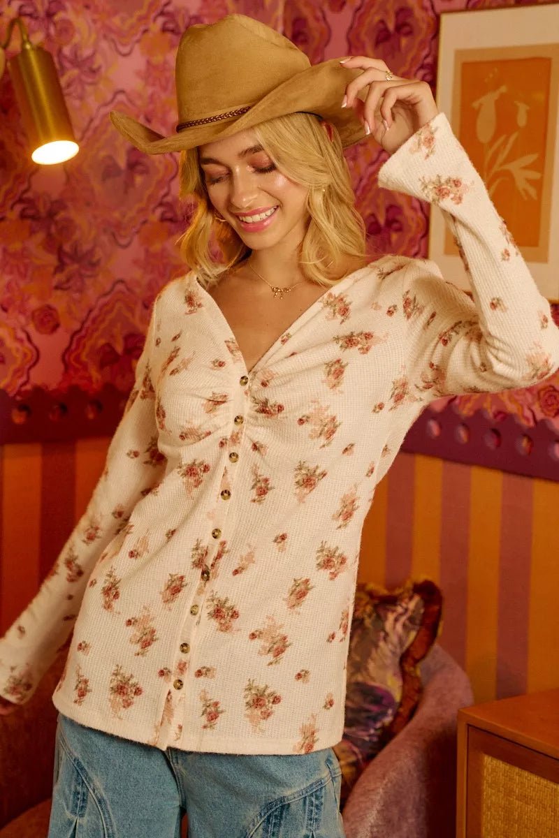 BiBi Textured Floral Printed Button Up Shirt With Shrried - 