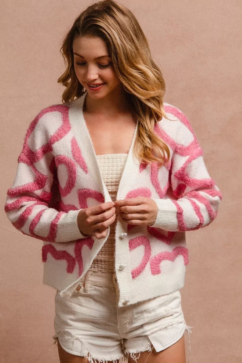 BiBi Textured Heart Buttoned V Neck Cardigan - 