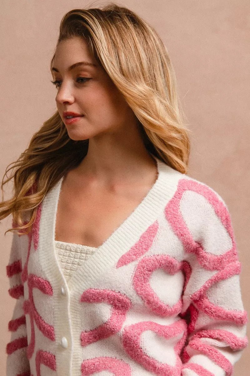 BiBi Textured Heart Buttoned V Neck Cardigan - 