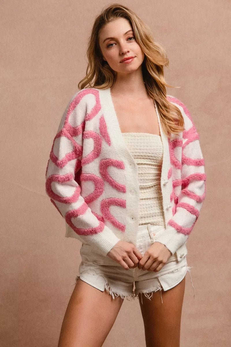 BiBi Textured Heart Buttoned V Neck Cardigan - 