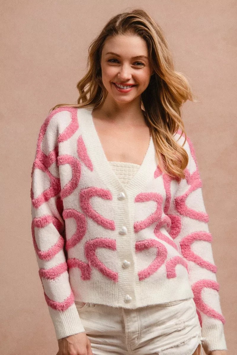 BiBi Textured Heart Buttoned V Neck Cardigan - 
