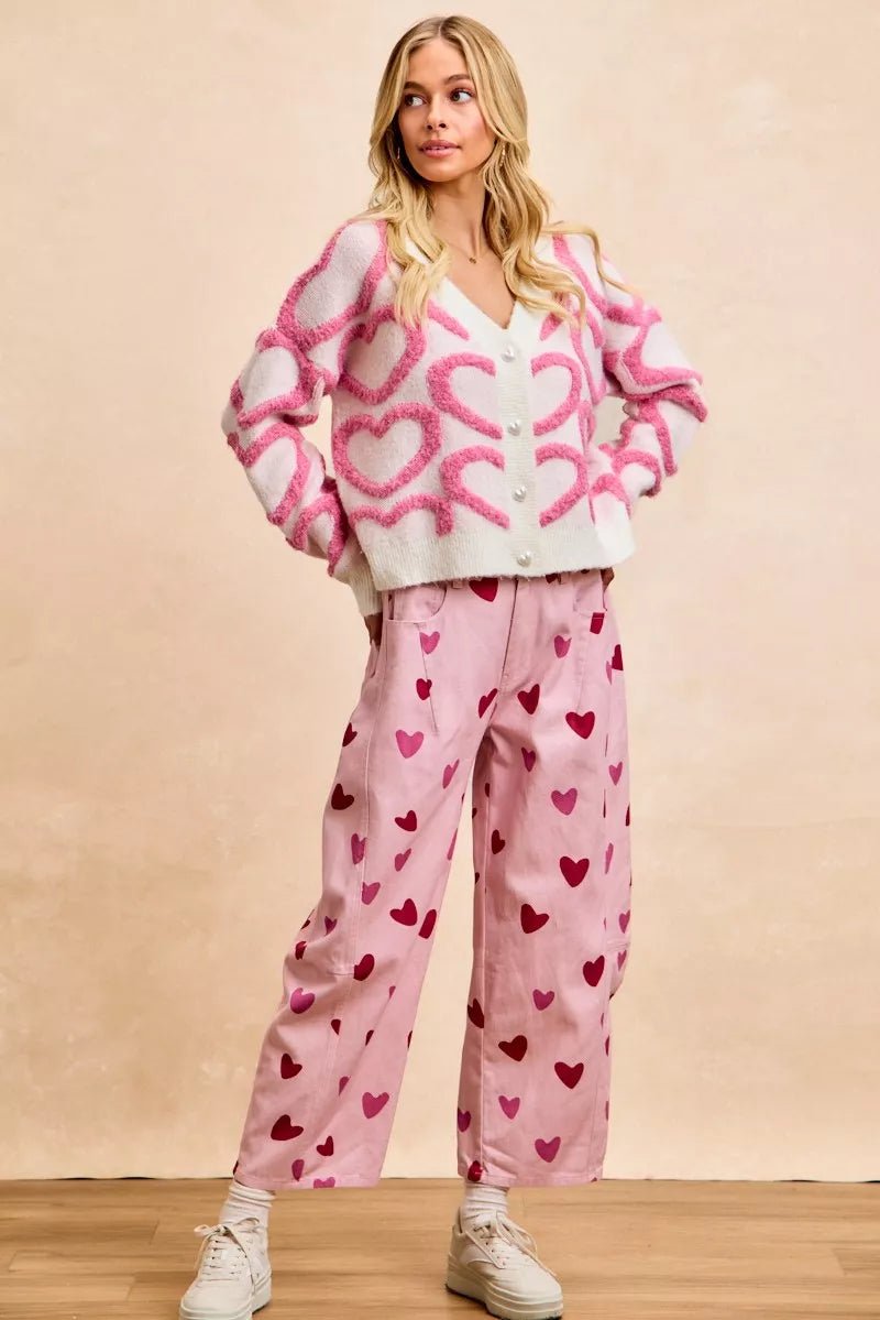 BiBi Textured Heart Buttoned V Neck Cardigan - 