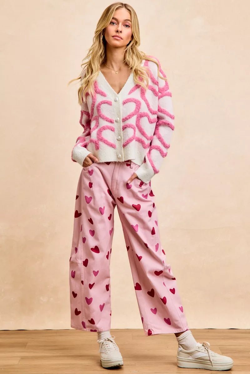 BiBi Textured Heart Buttoned V Neck Cardigan - 