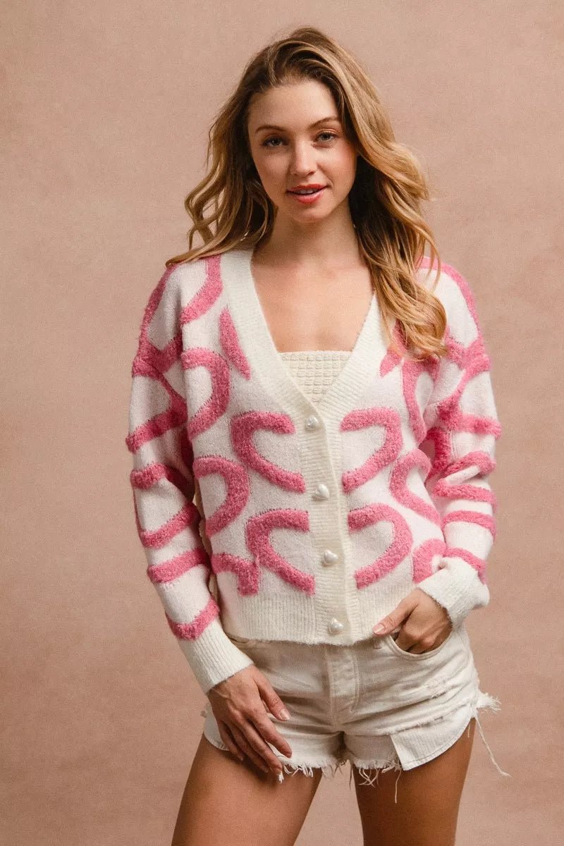 BiBi Textured Heart Buttoned V Neck Cardigan - 