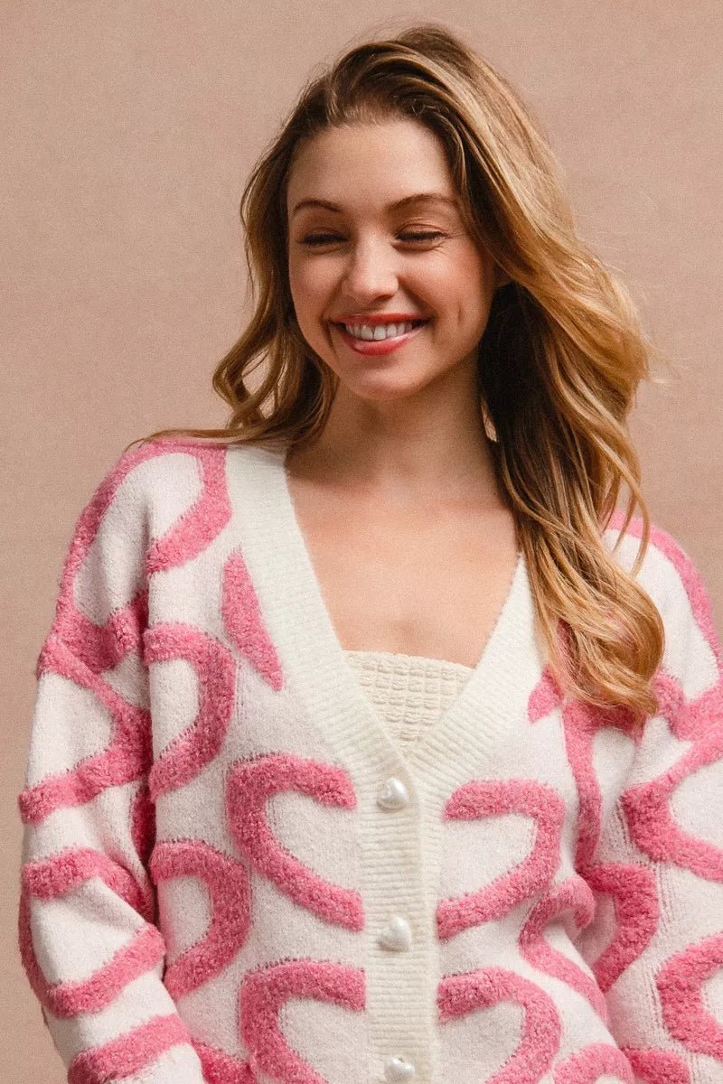 BiBi Textured Heart Buttoned V Neck Cardigan - 