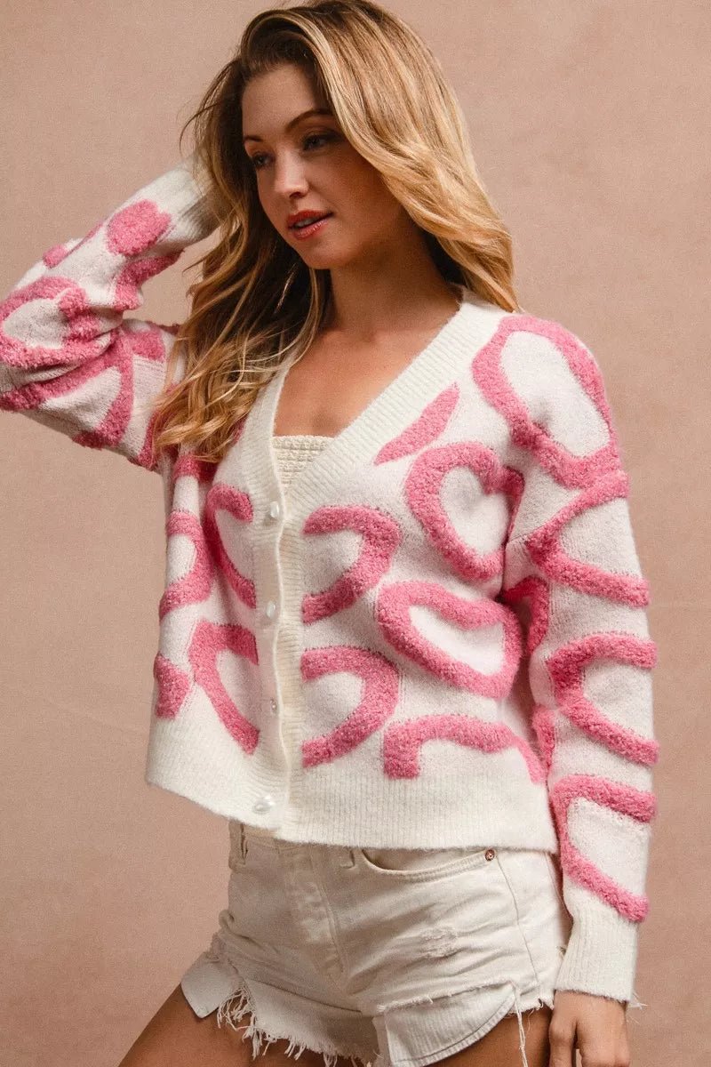 BiBi Textured Heart Buttoned V Neck Cardigan - 