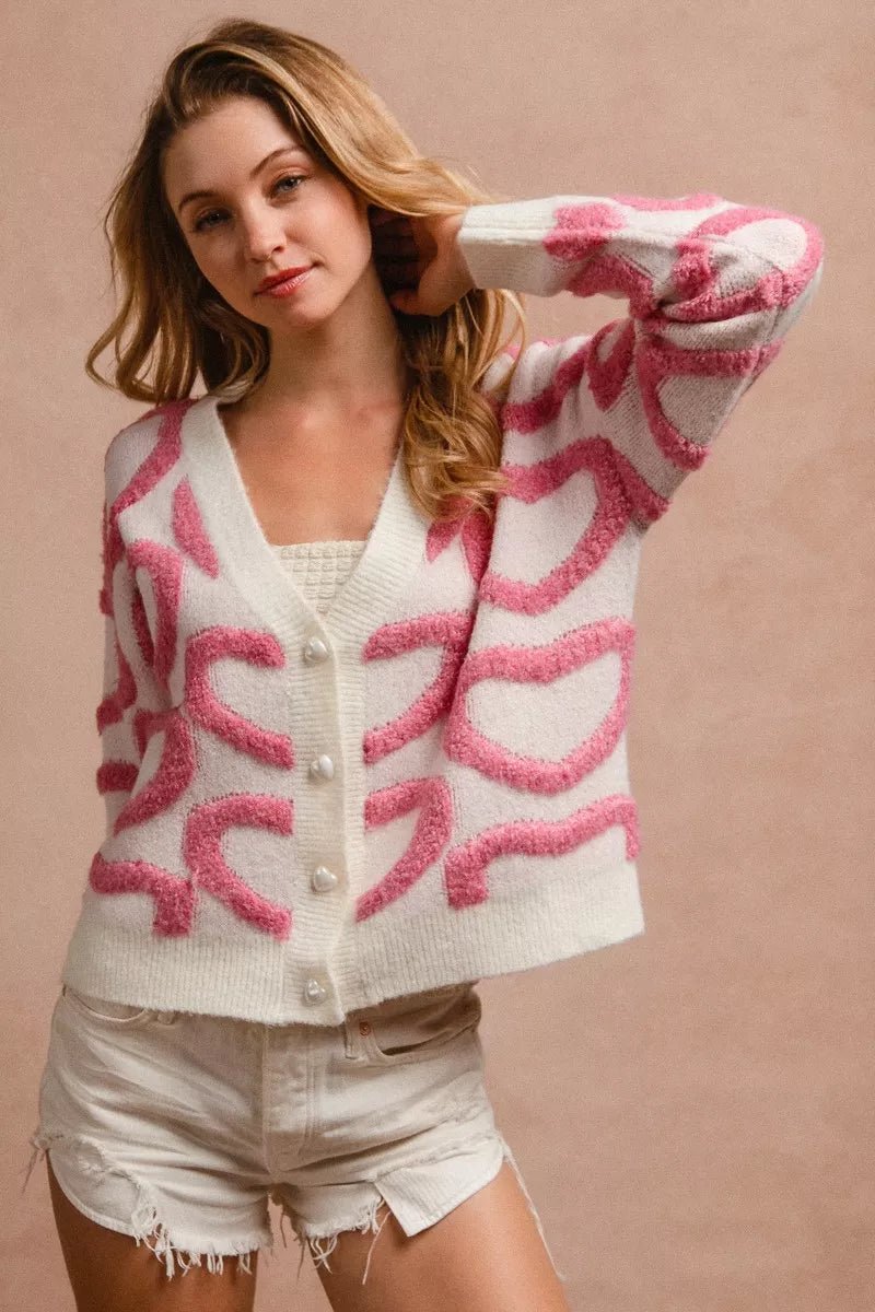 BiBi Textured Heart Buttoned V Neck Cardigan - 