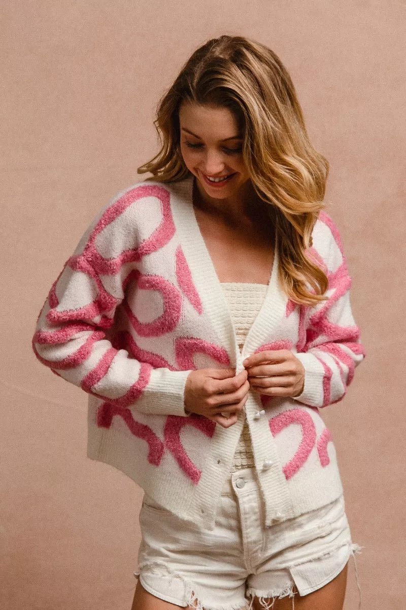 BiBi Textured Heart Buttoned V Neck Cardigan - 