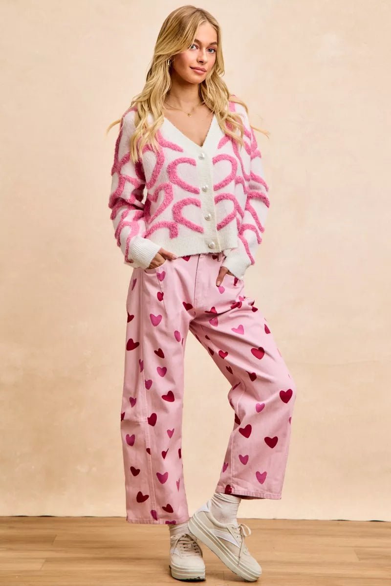 BiBi Textured Heart Buttoned V Neck Cardigan - 