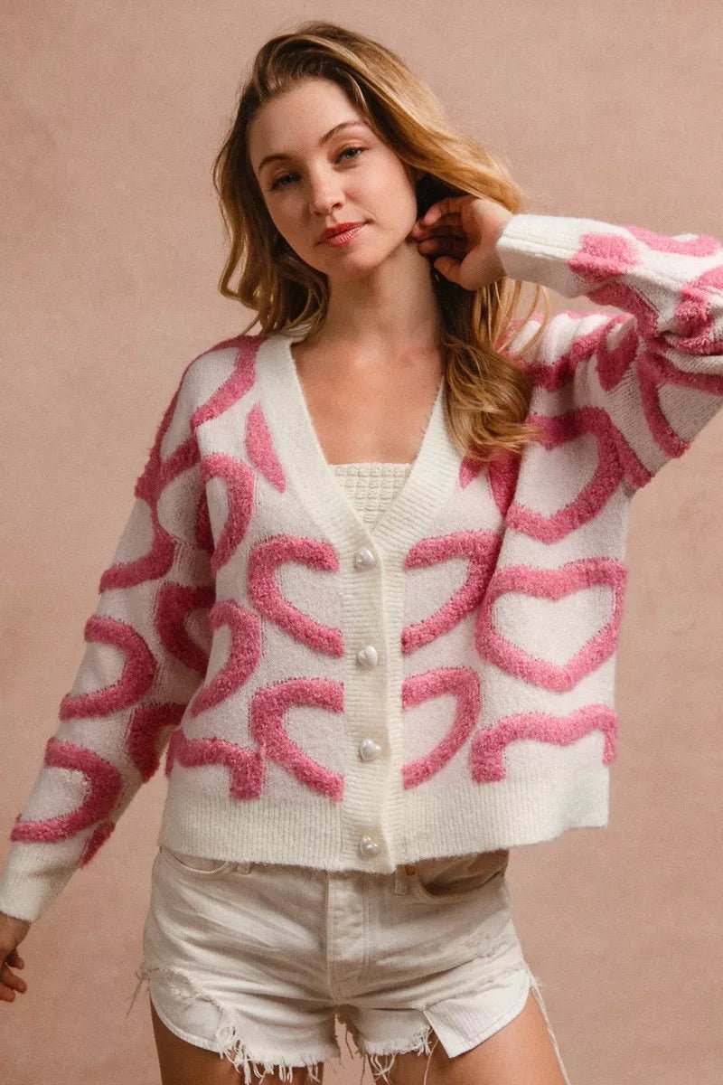 BiBi Textured Heart Buttoned V Neck Cardigan - 