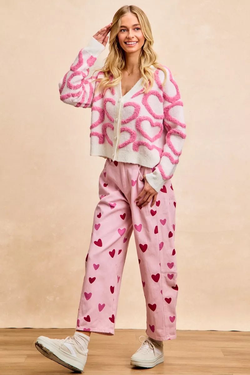 BiBi Textured Heart Buttoned V Neck Cardigan - 