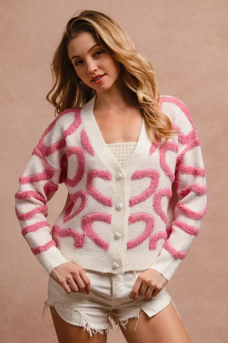 BiBi Textured Heart Buttoned V Neck Cardigan - 