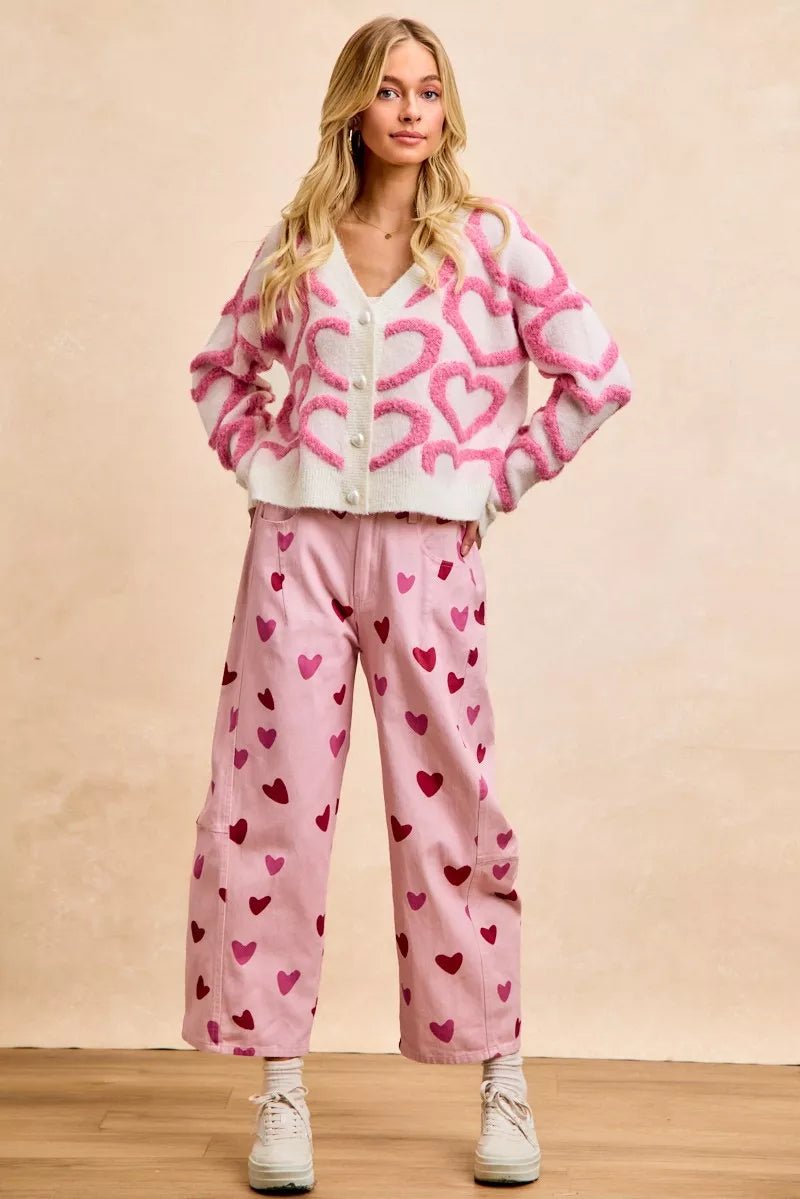 BiBi Textured Heart Buttoned V Neck Cardigan - 