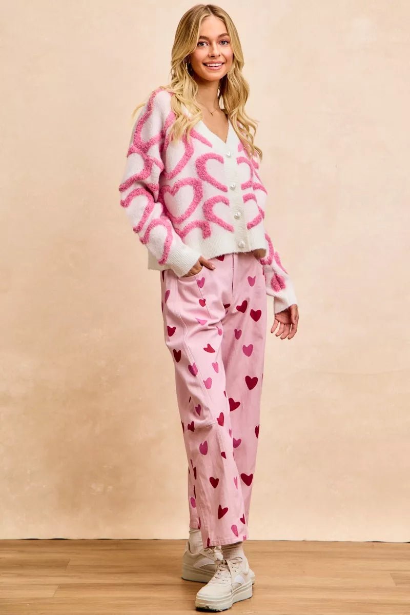 BiBi Textured Heart Buttoned V Neck Cardigan - 
