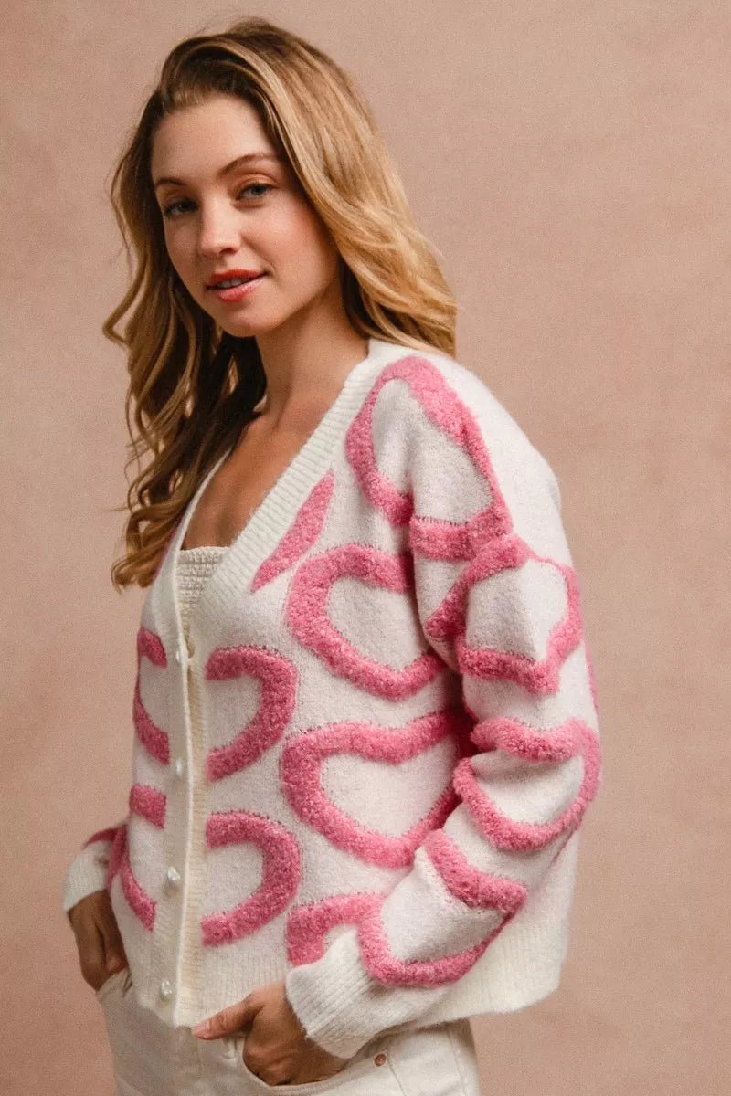 BiBi Textured Heart Buttoned V Neck Cardigan - 