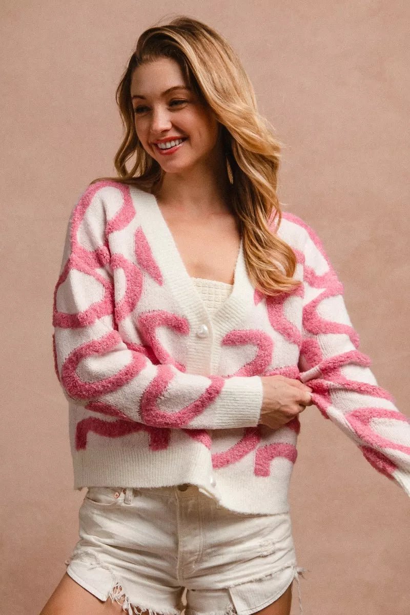 BiBi Textured Heart Buttoned V Neck Cardigan - 
