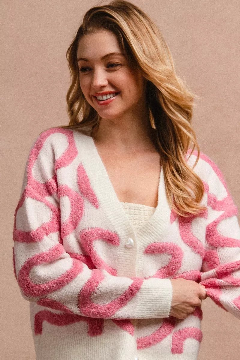 BiBi Textured Heart Buttoned V Neck Cardigan - 