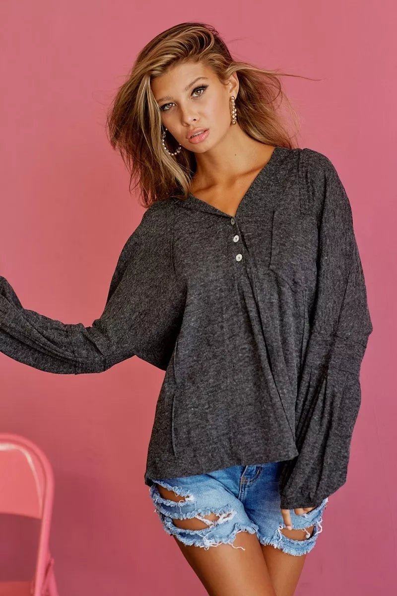 BiBi Textured Knit Hoodie with Buttoned Placket - 