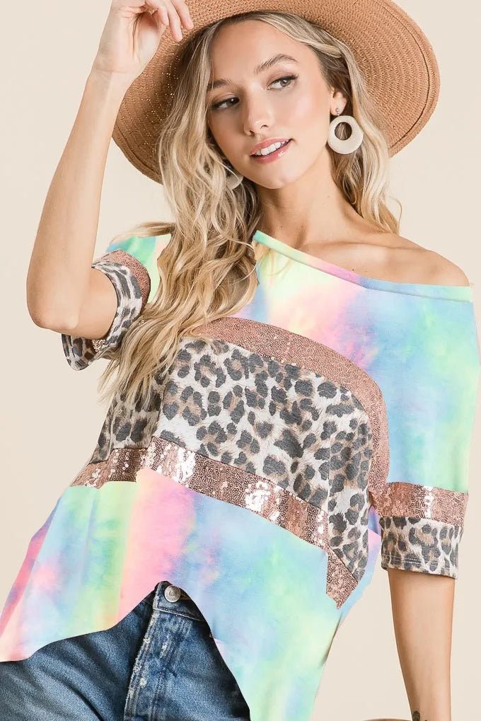 BiBi Tie Dye Terry Top with Leopard and Sequins Block - 