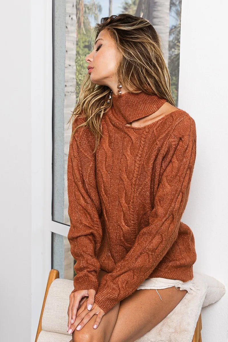 BiBi Twist Knitted Mock Neck Sweater Open One Shoulder - 