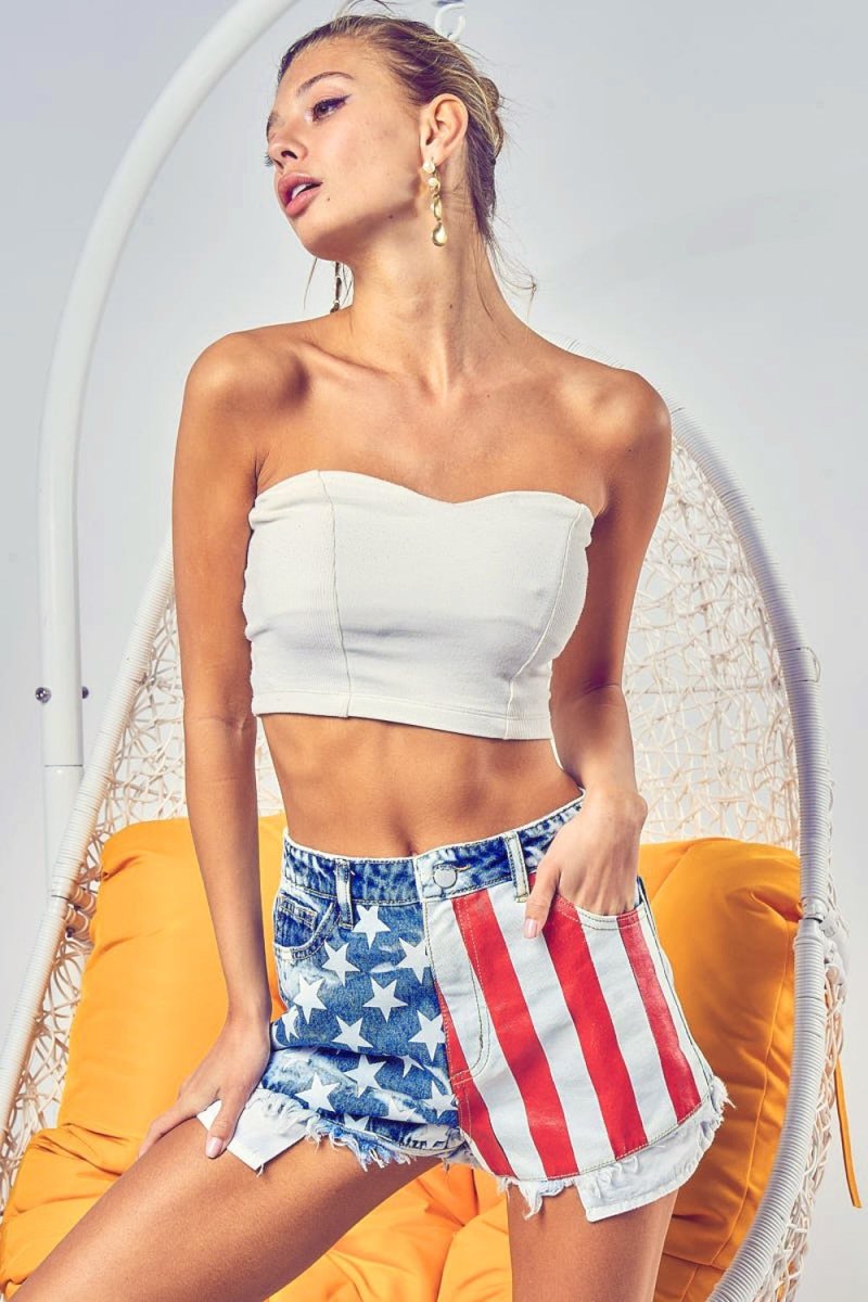 BiBi US Flag Theme Bleached Denim Shorts - Bottoms