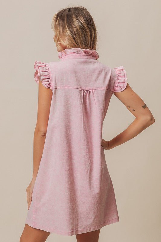 BiBi Washed Button Down Ruffled Cap Sleeve Denim Dress - New Arrivals